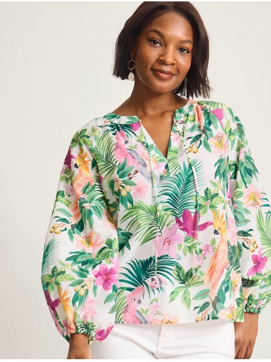 Tommy Bahama Tops - Tommy Bahama Tropical Bliss Peasant Top XL Cotton Silk Floral Parrot NWT